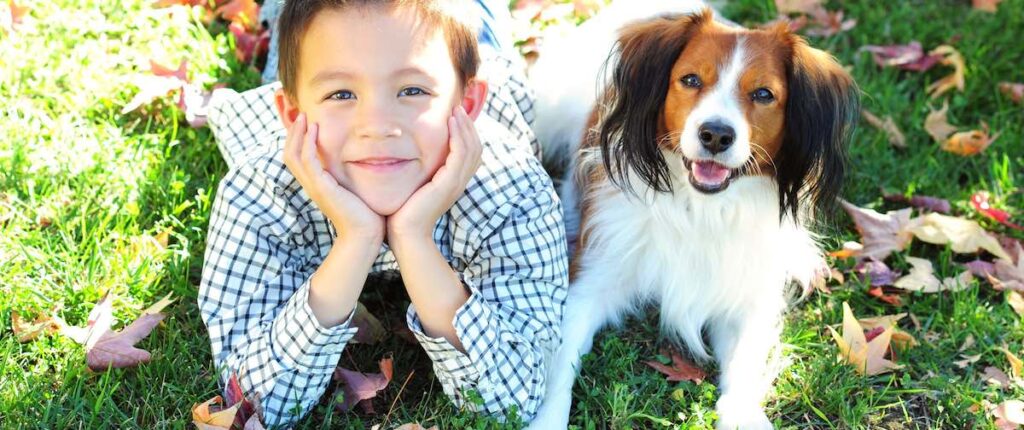 Young Boy and a Dog Lying on the Grass